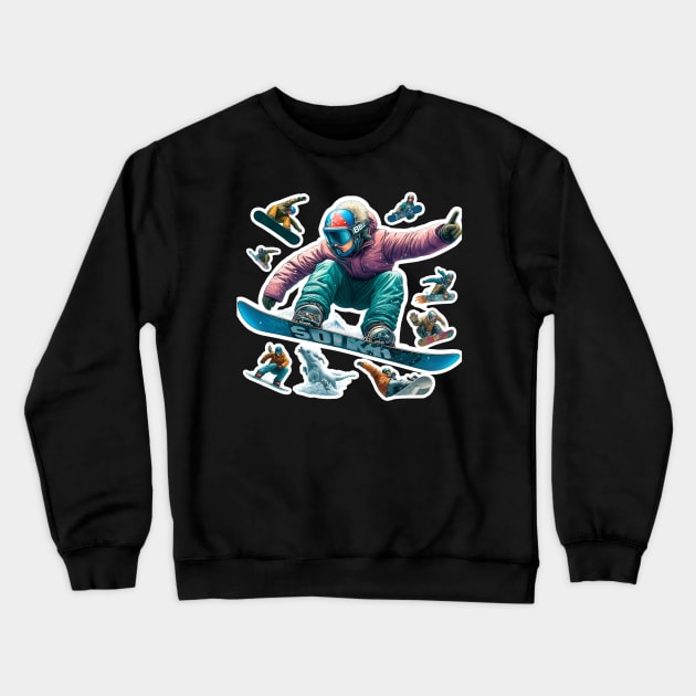 Frosty Freestyle Delight: Snowboarders' Frontside 360 Acrobatics in White, Red, Yellow, Black, Blue, and Orange Landscape Crewneck Sweatshirt by PopArtyParty